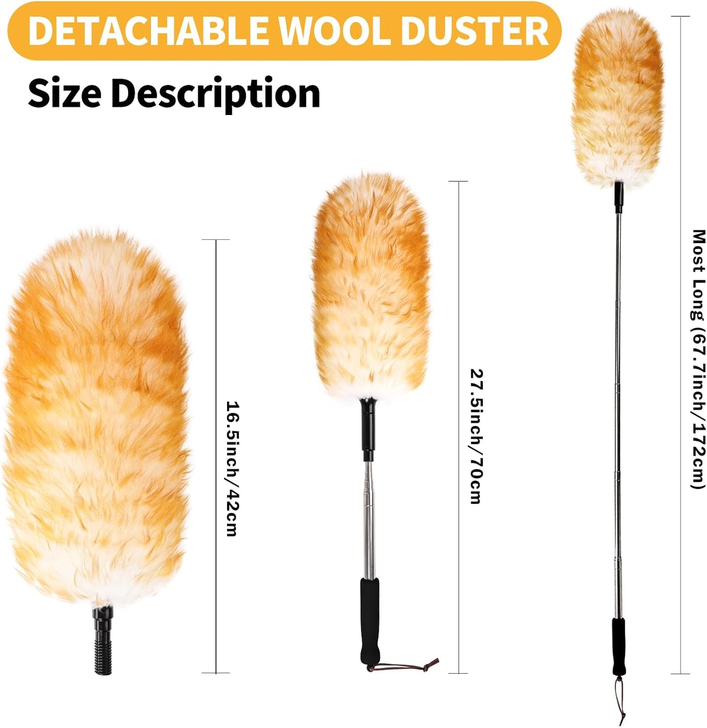 Lambswool Extendable Duster,67.7Inch Telescoping Feather Dusters with Stainless Steel Extension Pole for Cleaning High Ceiling Fan, High Ceilings,Furniture