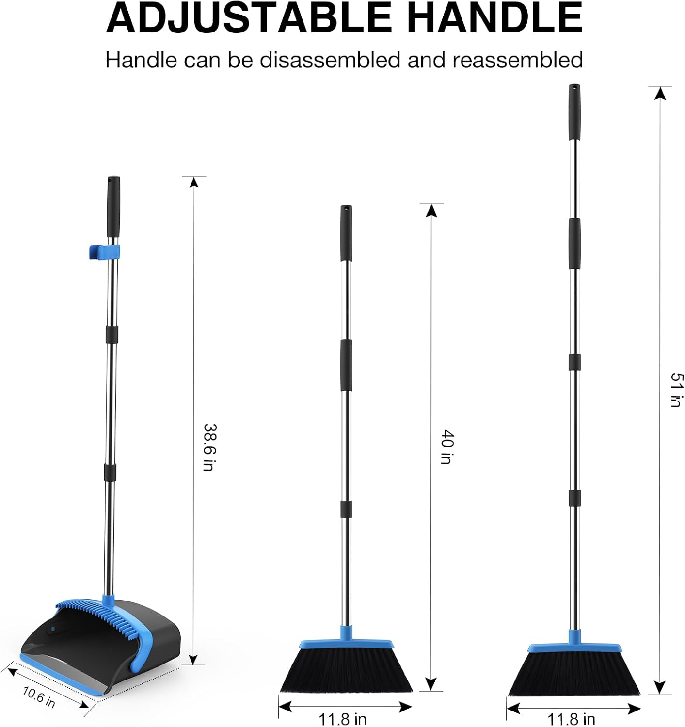 Broom and Dustpan Set, 52-in Long Adjustable Handle Broom Dustpan Combo with Dust pan Teeth to Automatically Clean Hair Suitable for Home Kitchen Office Hall Floor (Black&Blue), 4 Pack