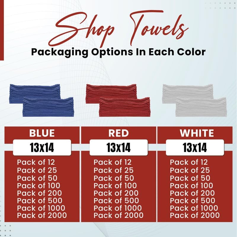 Shop Towels (Red, 100-Pack) - Bulk Cleaning Towel in a Bag, Mechanic Cotton Wipes for Car Maintenance, Auto Mechanics & Garage, Wipe Grease & Oil, Machine Wash & Reusable