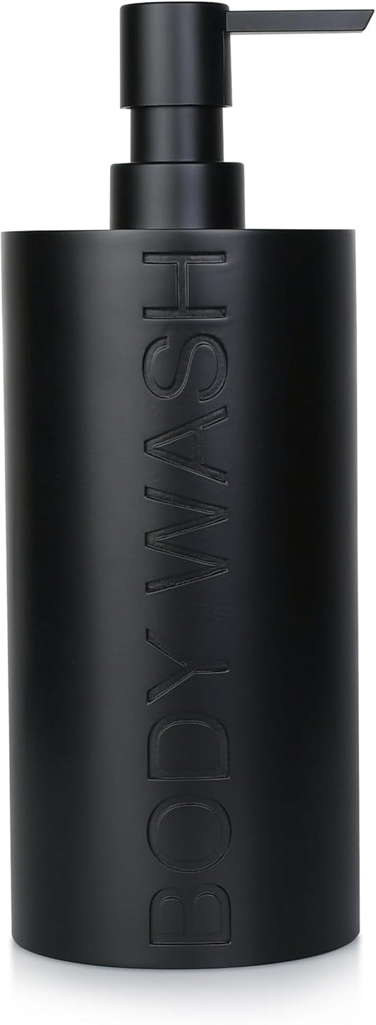 Matte Black Body Wash Dispenser Luxurious Refillable Pump Bottle with Embossed Text, Durable Construction for Bathroom and Shower