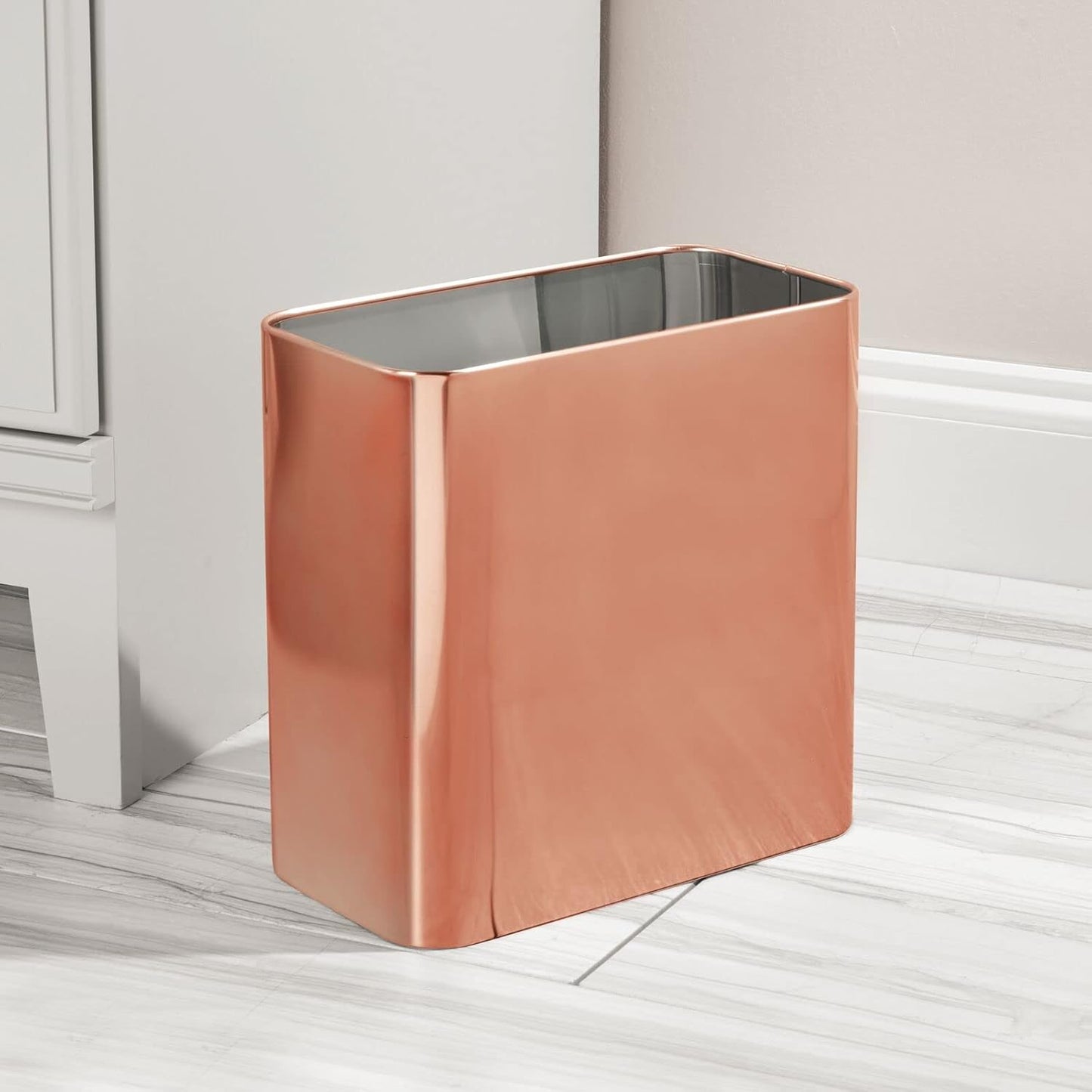 mDesign Small Metal 2.4 Gallon/9 Liter Trash Can Wastebasket Garbage Bin for Bathroom, Slim Rubbish Waste Bin Trashcans for Master/Guest Bath, Mirri Collection, Rose Gold