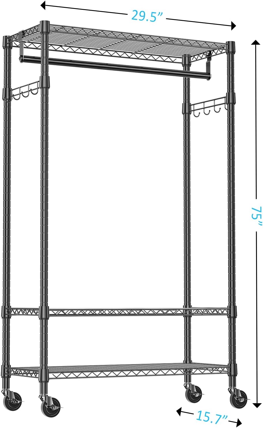 IZEUK Heavy Duty Rolling Garment Rack with 3 Adjustable Wire Shelves, Hanging Rod & Side Hooks - Mobile Clothes Rack with Wheels, 29.5" W x 15.7" D x 75" H, Black