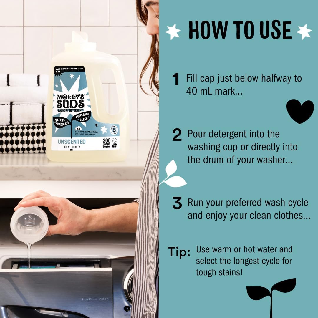 Molly's Suds Liquid Laundry Detergent | Clean Laundry Detergent Soap for Sensitive Skin | 2x Concentrated, High Efficiency (HE) | Unscented - 100 Loads