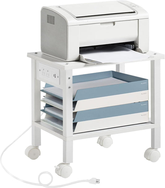 Lerliuo Under Desk Printer Stand with Charging Station, 2 Tier Wooden Small Printer Table with Storage, Rolling Printer Cart Shelf with Lockable Wheels for Home, Office (White)