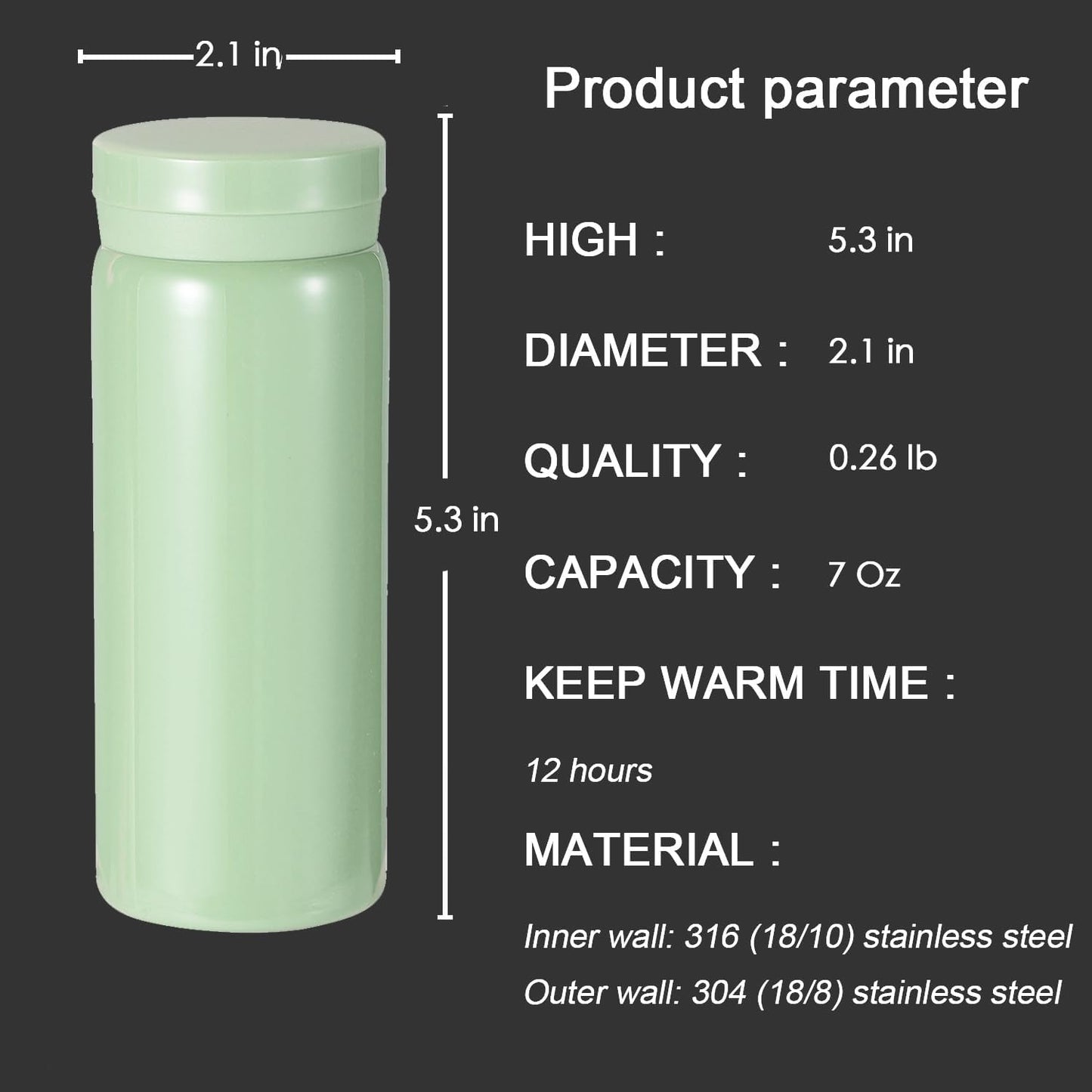 Mini Thermos Cute Water Bottle - 7 oz Tiny Insulated Vacuum 18/10 Stainless Steel Small Flask - Leak Proof & Spill Proof & Keeps Cold and Hot for Drink, Coffee, Tea - Light Green