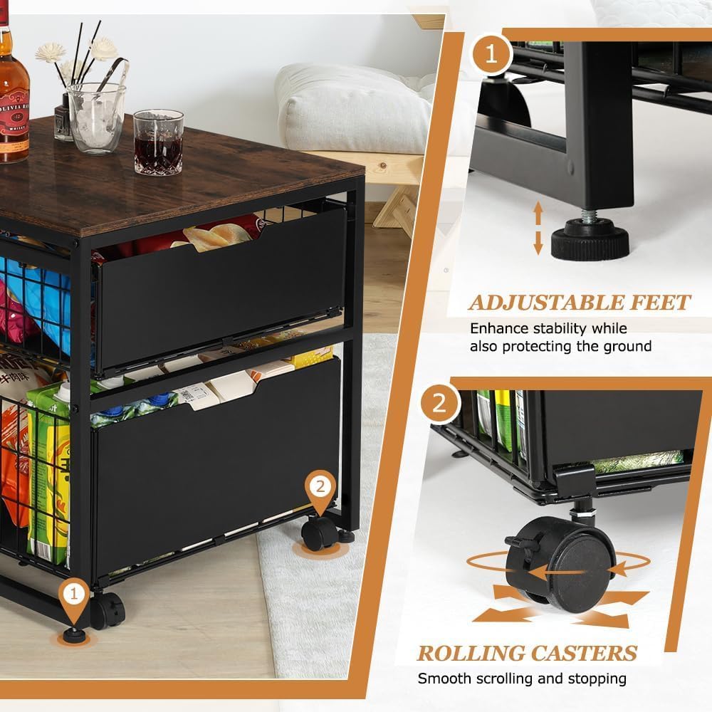 Mini Fridge Stand with Storage Drawer, 21.7”x21.7” Heavy Duty Mini Fridge Table with Wheels, Rolling Beverage Cart with Basket for Home, Office, Bedroom, Brown