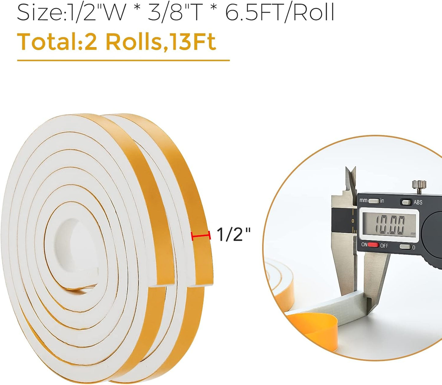 13 Feet Weather Stripping Door Seal, 1/2" Wide X 3/8" Thick Door Seal Strip High Density Foam Tape Adhesive Strip for Door Soundproofing,Window Insulation (1/2" x 3/8" x 13FT,White)