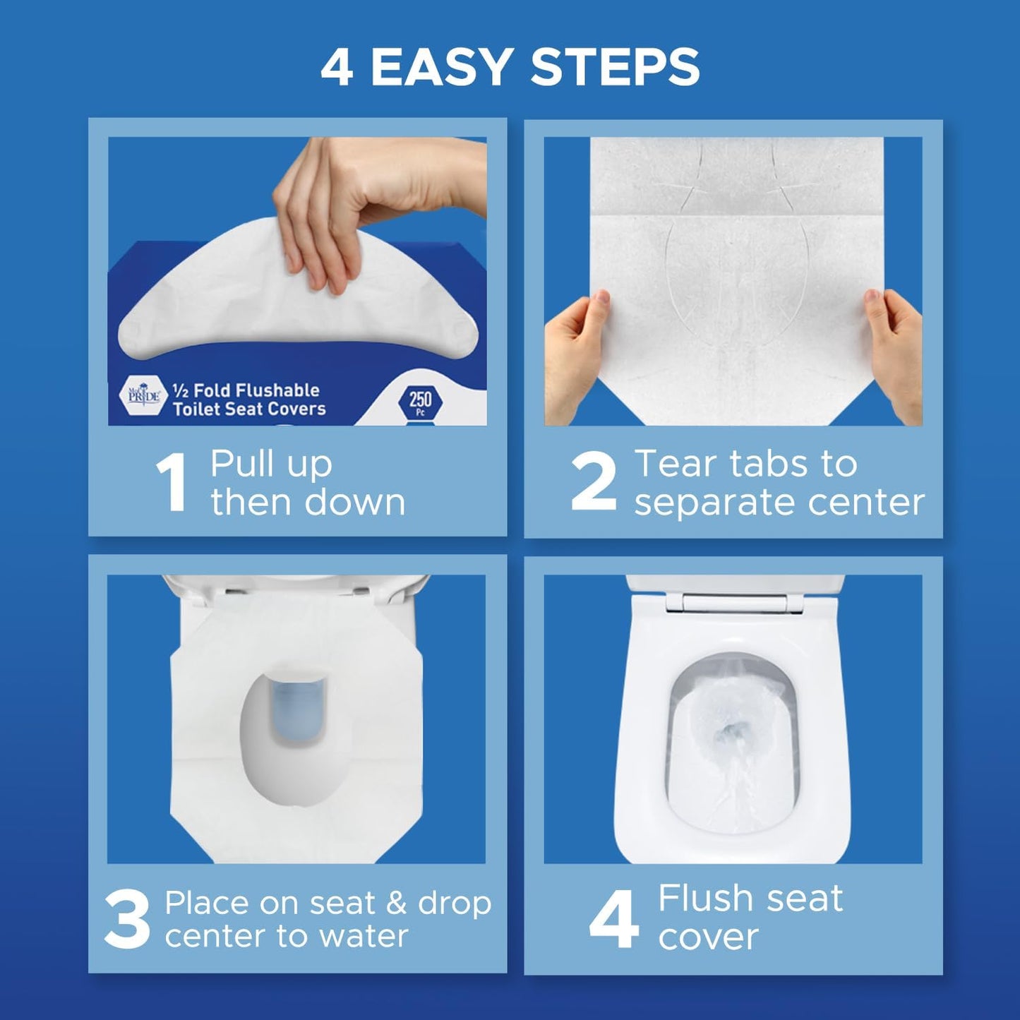 MED PRIDE Eco-Friendly Bathroom Protector Sheets - Septic Safe-Disposable Toilet Seat Covers [Pack of 250] - Flushable Toilet Seat Covers For Travel & Public Restrooms- White half-fold liners