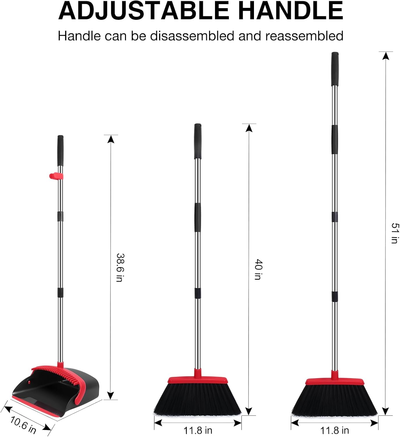 NACENA Broom and Dustpan Set, 52-in Long Adjustable Handle Broom Dustpan Combo with Dustpan Teeth to Automatically Clean Hair Suitable for Home Kitchen Office Hall Floor (Black&Red), 2 Pack