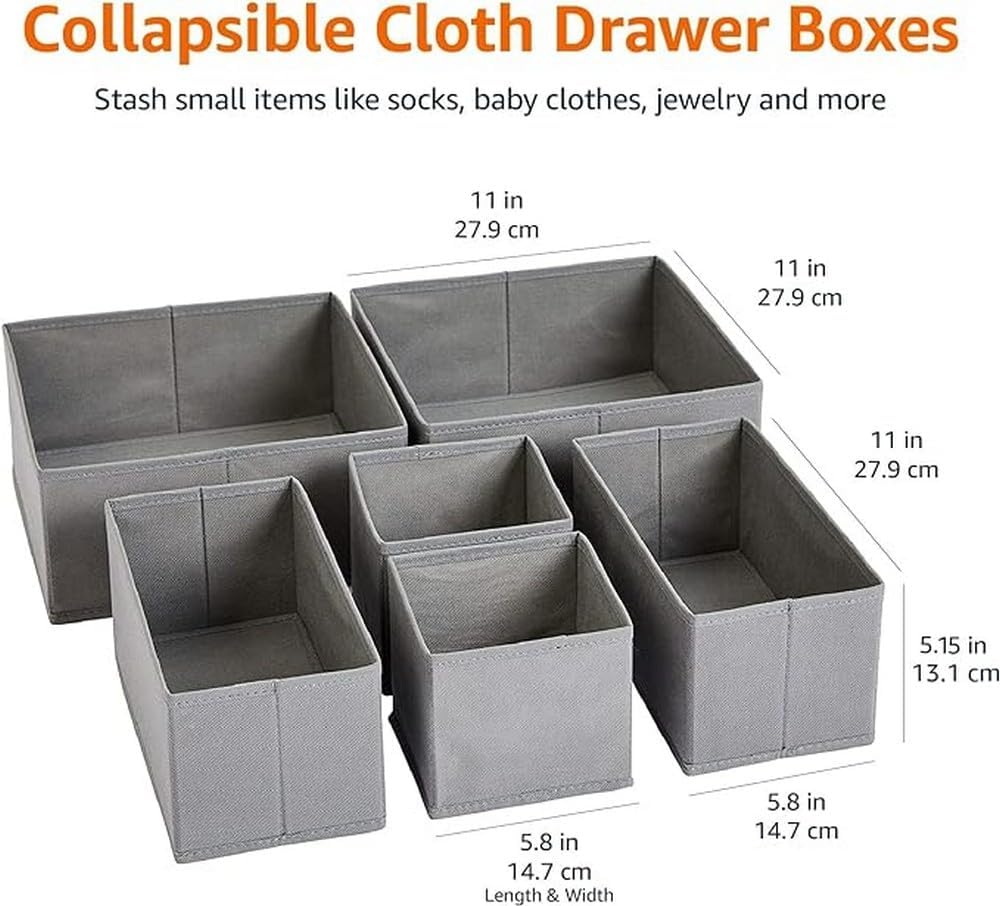 Amazon Basics Cloth Drawer Storage Organizer Boxes for Socks, Underwear and Baby Items, Set of 6, Gray