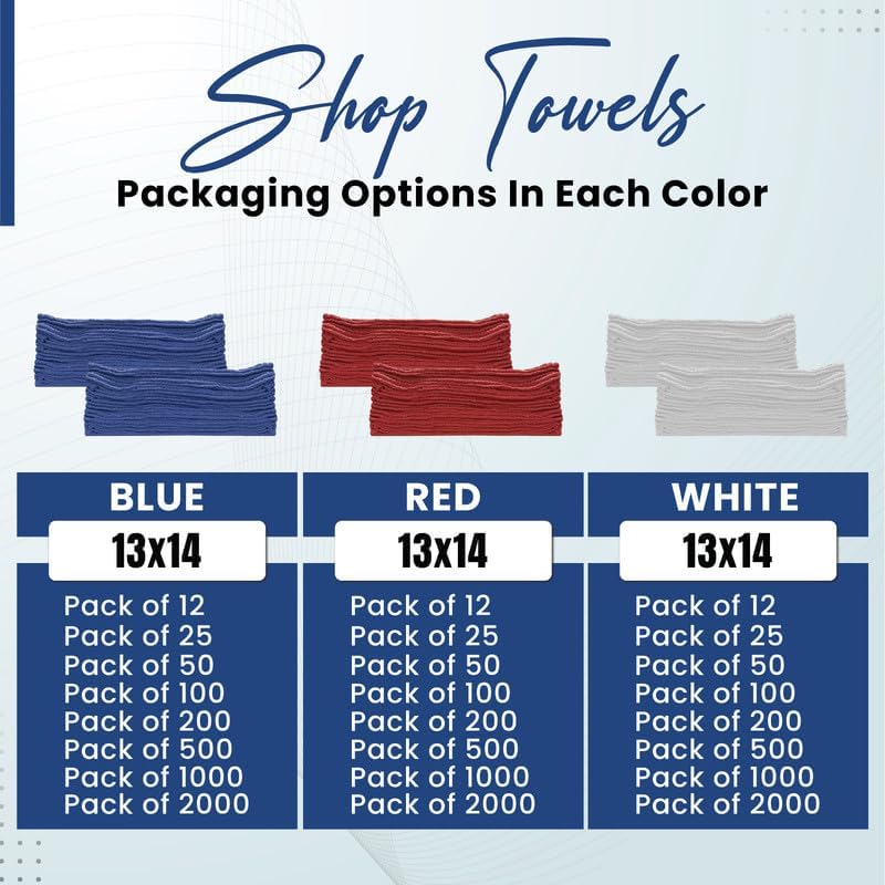 Shop Towels (Blue, 50-Pack) - Bulk Cleaning Towel in a Bag, Mechanic Cotton Wipes for Car Maintenance, Auto Mechanics & Garage, Wipe Grease & Oil, Machine Wash & Reusable