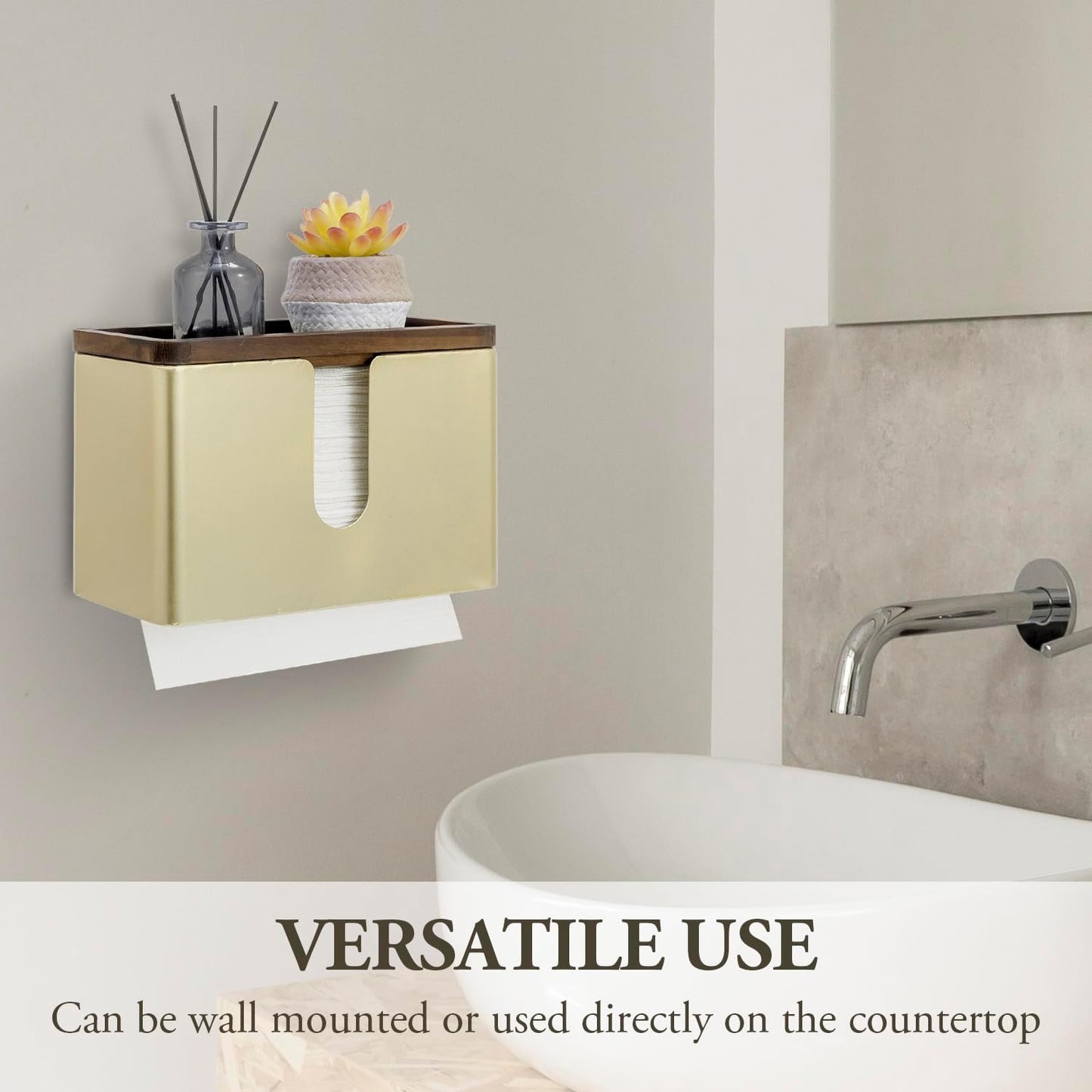 MyGift Deluxe Modern Brass Tone Metal Folded Commercial Paper Towel Holder with Burnt Solid Wood Tray Lid, Wall Mounted Trifold Multifold Z Fold Disposable Napkin Dispenser