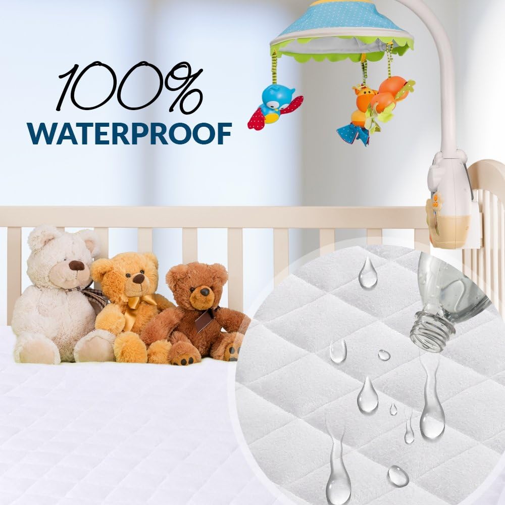 Mini Crib Mattress Protector 100% Waterproof, Noiseless – Viscose Made from Quilted Ultra Soft White Terry Fitted Sheet Style (27”X39”)