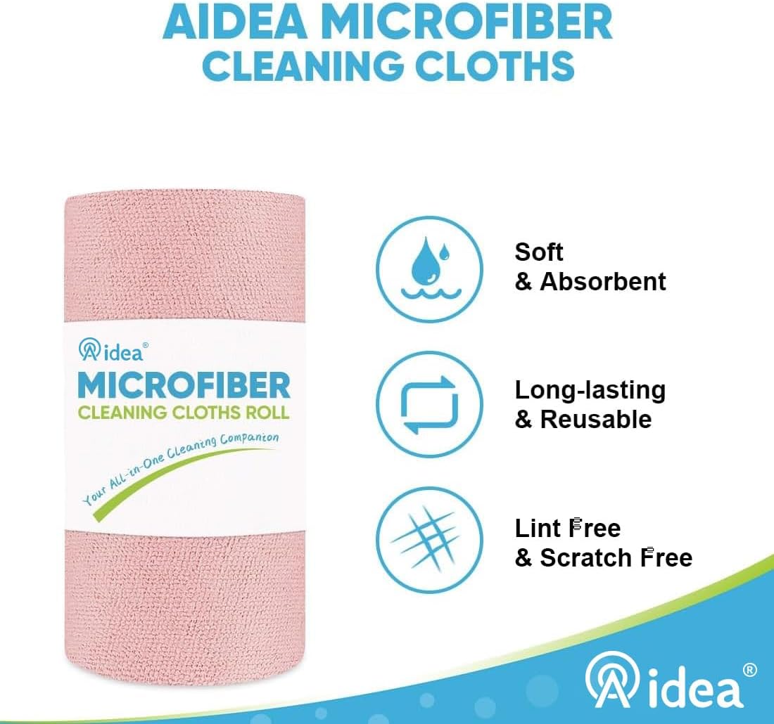 AIDEA Microfiber Cleaning Cloth Roll, 50PK, Tear Away Reusable Paper Towels Pink, Commercial Shop Rags, Microfiber Towels for Cars, Lint Free Cleaning Rags for House, Kitchen, Garage Shop, 11.5"×11.5"