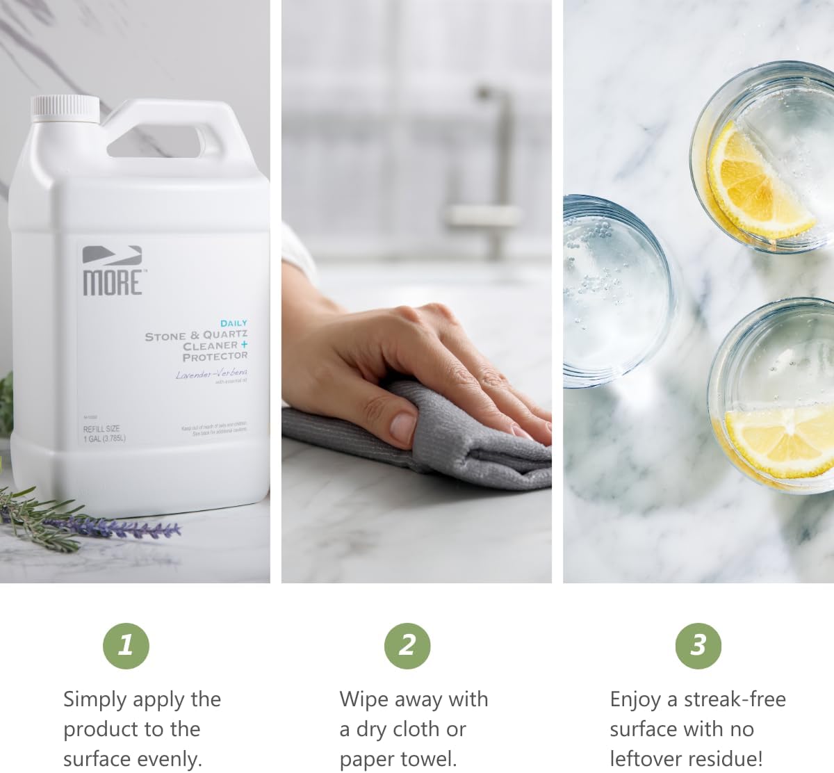MORE Stone & Quartz Cleaner + Protector - Granite, Quartz & Marble Cleaner - For Kitchen & Bathroom Countertops - Water-Based Surface Spray Refill - Lavender-Verbena Essential Oil - Gallon (128oz)