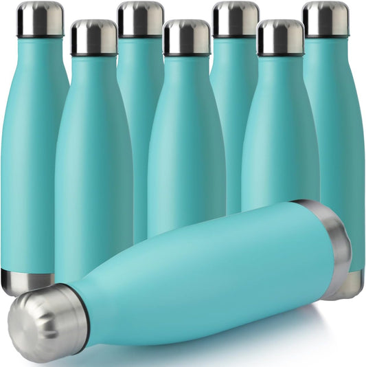 MEWAY 17oz Sport Water Bottle 8 Pack Vacuum Insulated Stainless Steel Leak-Proof Double Wall Cola Shape Water Bottle,Keep Drinks Hot & Cold (Light Blue,8 Pack)