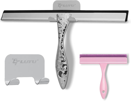2-Pack Shower Squeegee for Glass Doors, 10 inch Silver Stainless Steel & 5 inch Pink Mini with 2 Hooks, Non-Slip Hammered Handle, Silicone Wiper for Shower, Bathroom, Tile and Mirror