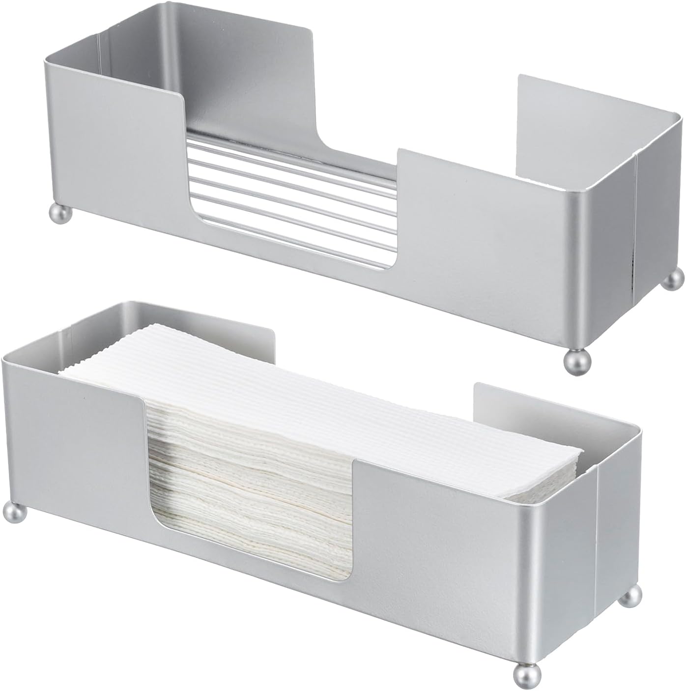 MyGift Metal Tabletop Folded Hand Towel Holder, Modern Silver Tone Commercial Countertop Tissue Dispenser Tray for Trifold, C-Fold and Z-Fold Towels, Set of 2
