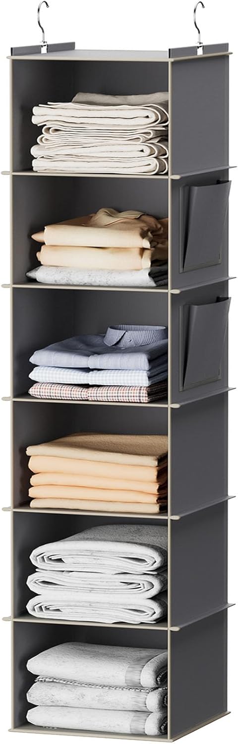 YOUDENOVA Hanging Closet Organizer and Storage, 6-Shelf Closet Hanging Storage Shelves, Grey