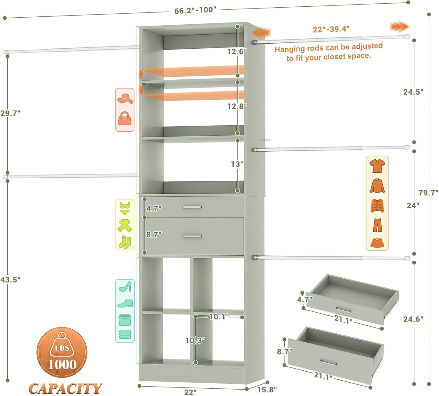 Closet System, 4-8 FT Closet Organizer Tower with 2 Wooden Drawers and Shelves, Can Fit 60 to 96 inch Walk-in Closet System with 5 Hang Rods, Built-in, Crab Green