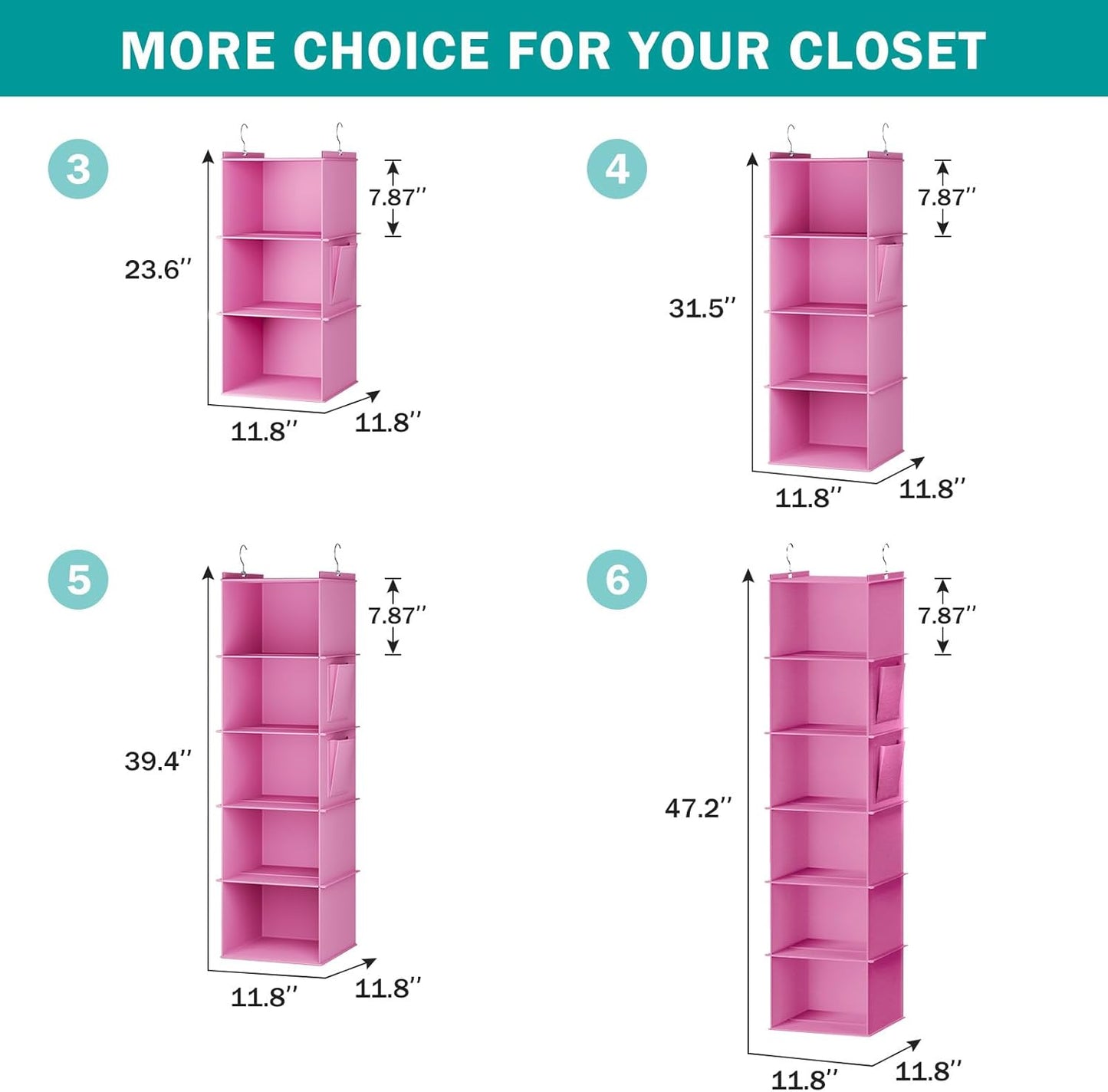 YOUDENOVA Hanging Closet Organizer, 3-Shelf Closet Hanging Storage Shelves, Light Pink