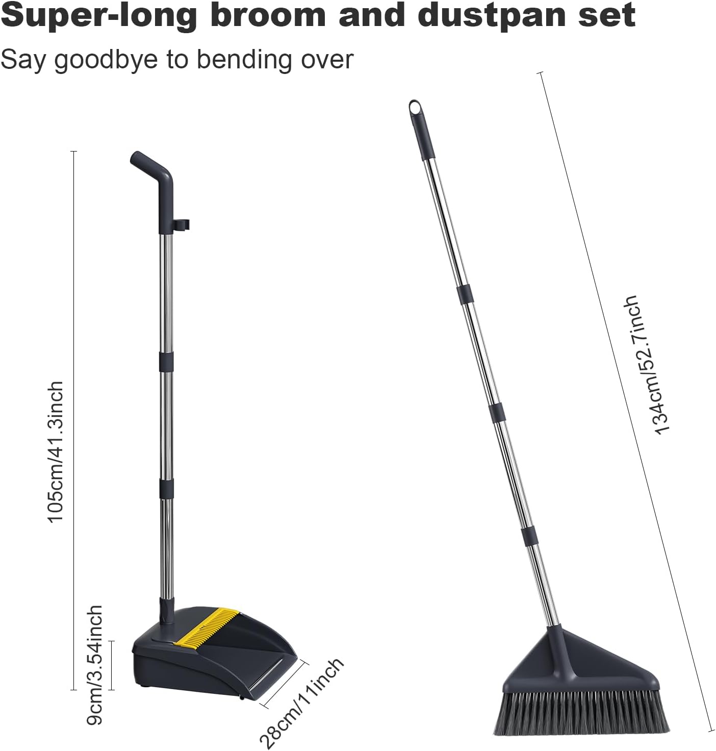 MOPUP Broom and Dustpan Set, 52 inch Long Adjustable Handle Broom with Dustpan Teeth to Self-Cleaning Clean Hair Suitable for Home Kitchen Office