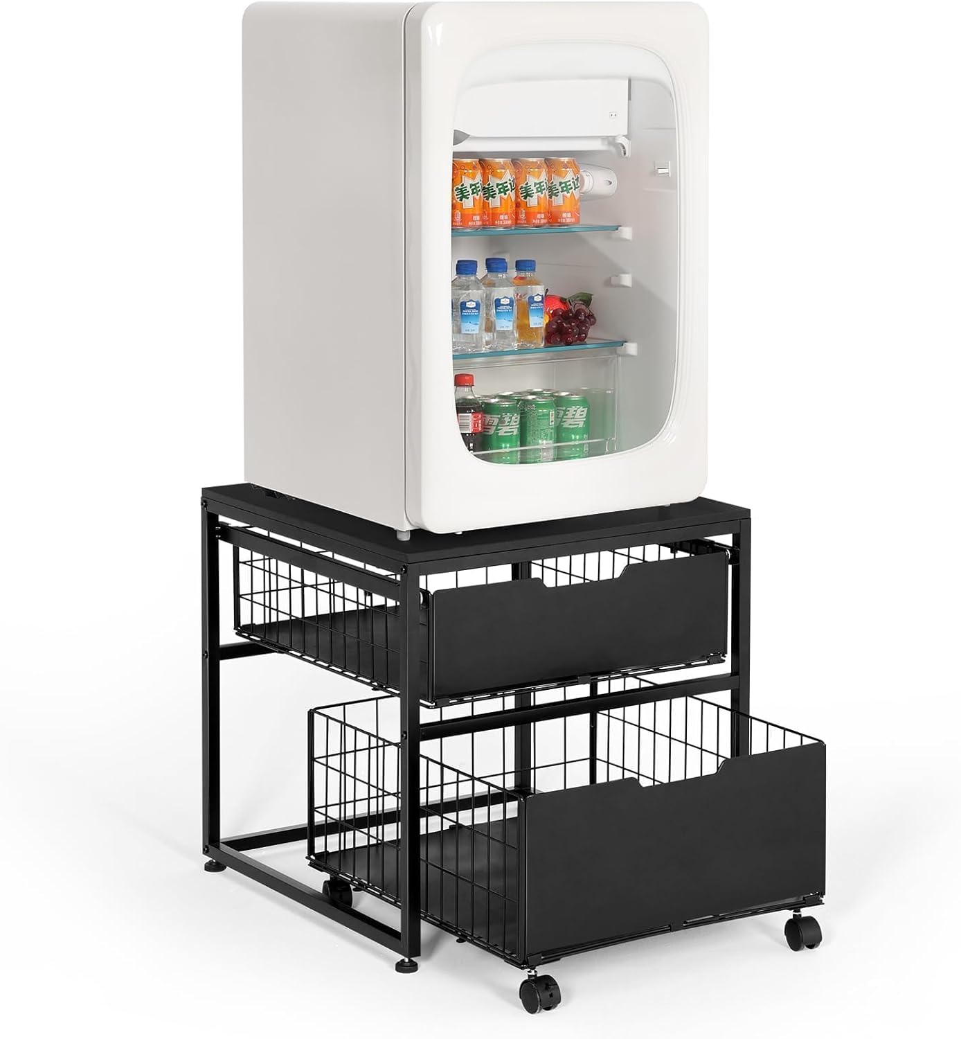 Mini Fridge Stand with Storage Drawer, 21.7”x21.7” Heavy Duty Mini Fridge Table with Wheels, Rolling Beverage Cart with Basket for Home, Office, Bedroom