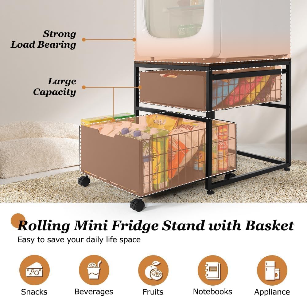 Mini Fridge Stand with Storage Drawer, 21.7”x21.7” Heavy Duty Mini Fridge Table with Wheels, Rolling Beverage Cart with Basket for Home, Office, Bedroom, Brown