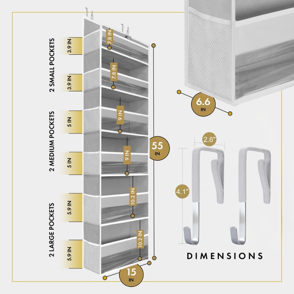 HOMELUX THEORY 1 PC Heavy Duty Over the Door Organizer 55x14x6.7, 6 Large Front & 12 Side Pockets, Hanging Storage Closet Door Organizer for Bedroom, Bathroom and Baby Nursery Storage (Light Gray)