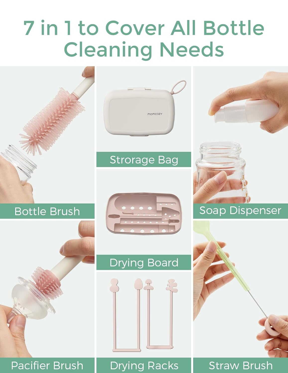 Momcozy Baby Bottle Brush Set, Cleaner Kit with Silicone Nipple Straw Brush, Soap Dispenser, Drying Rack - 7 in 1 Bottle Cleaning Tool for Home and Travel, Pink