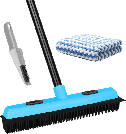 KeFanta Rubber Broom Carpet Rake for Pet Hair Removal, 51" Long Handle Fur Remover Broom with Squeegee, Pet Hair Broom for Carpet, Hardwood Floor, Tile