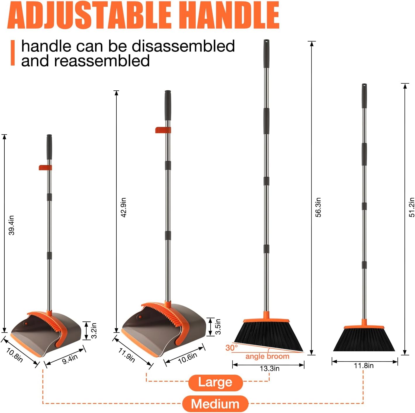 Broom and Dustpan Set, Upgraded Broom with Dustpan Combo Set with 56" Tall Adjustable Handle, Self-Cleaning Teeth, Upright Standing Dust Pan for Heavy Duty Indoor Outdoor Cleaning and Pet Hair