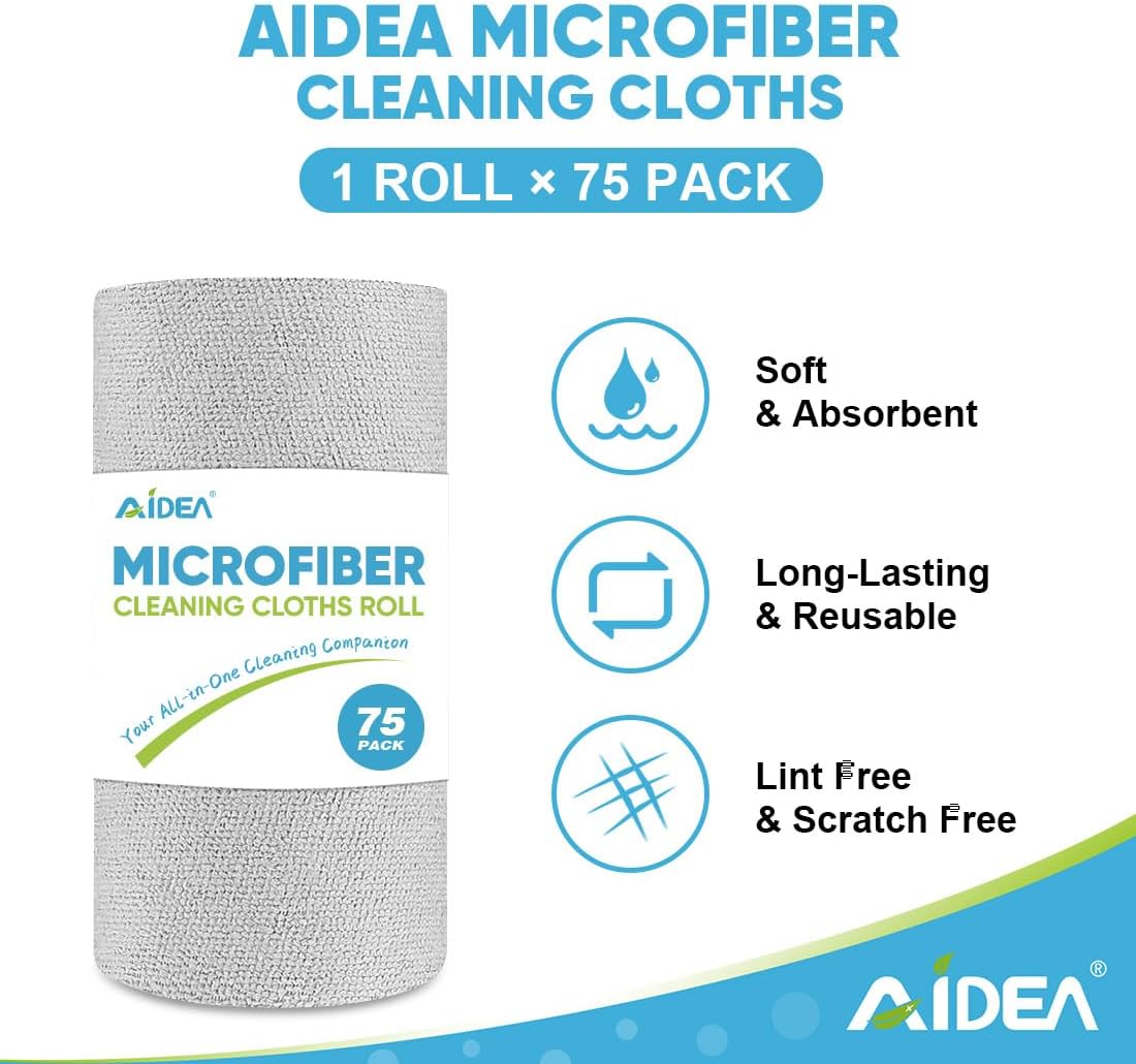 AIDEA Microfiber Cleaning Cloth Roll, Grey 75PK, Reusable Paper Towels Tear Away Cloth, Microfiber Towels for Cars, Wash Cloths, Lint Free Rags for House, Kitchen,Window,Cleaning Supplies 11.5"×11.5"