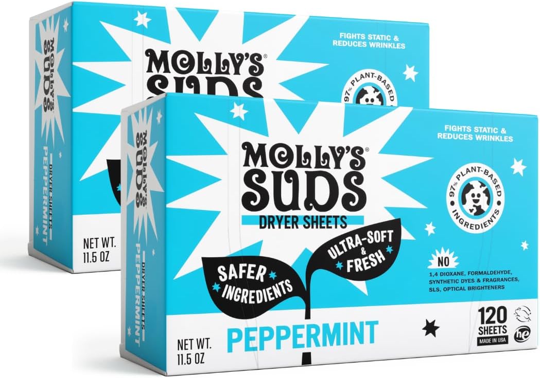 Molly's Suds Fabric Softener Dryer Sheets for Sensitive Skin | Plant-Based Static Reducer, Plastic-Free Packaging | Bundle of 2, Peppermint (240 Sheets Total)