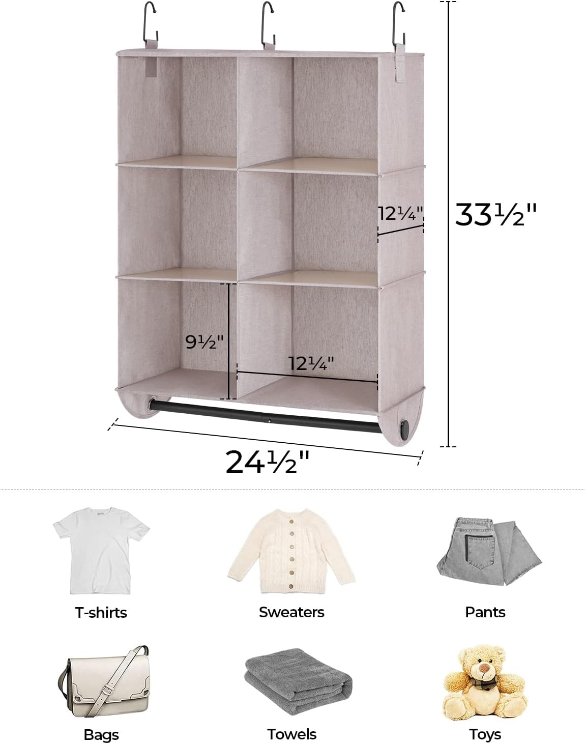 StorageWorks Hanging Closet Organizer with Metal Rod, 6-Section Closet Organizers and Storage, Collapsible Hanging Shelves for Wardrobe Organizer, Nursery, Bedroom, Light Khaki