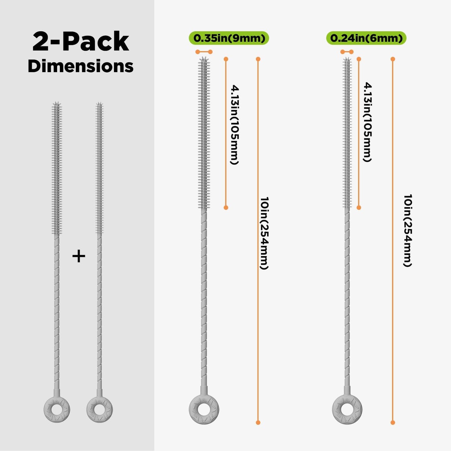 2 Pcs Silicone Straw Cleaner Brush, Extra Long Cleaning Brushes for Straws, 6mm&9mm, Gray