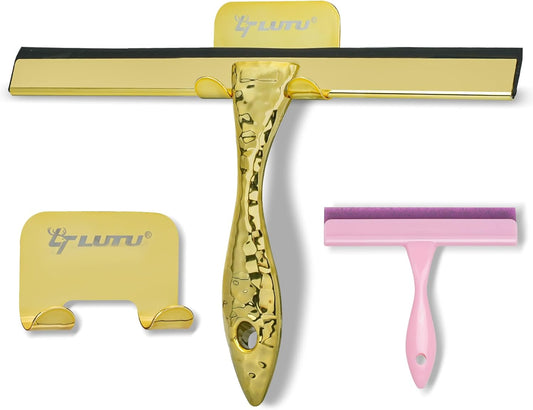 2-Pack Shower Squeegee for Glass Doors, 12 inch Gold Stainless Steel & 5 inch Pink Mini with 2 Gold Hooks, Non-Slip Hammered Handle, Silicone Wiper for Shower, Bathroom, Tile and Mirror