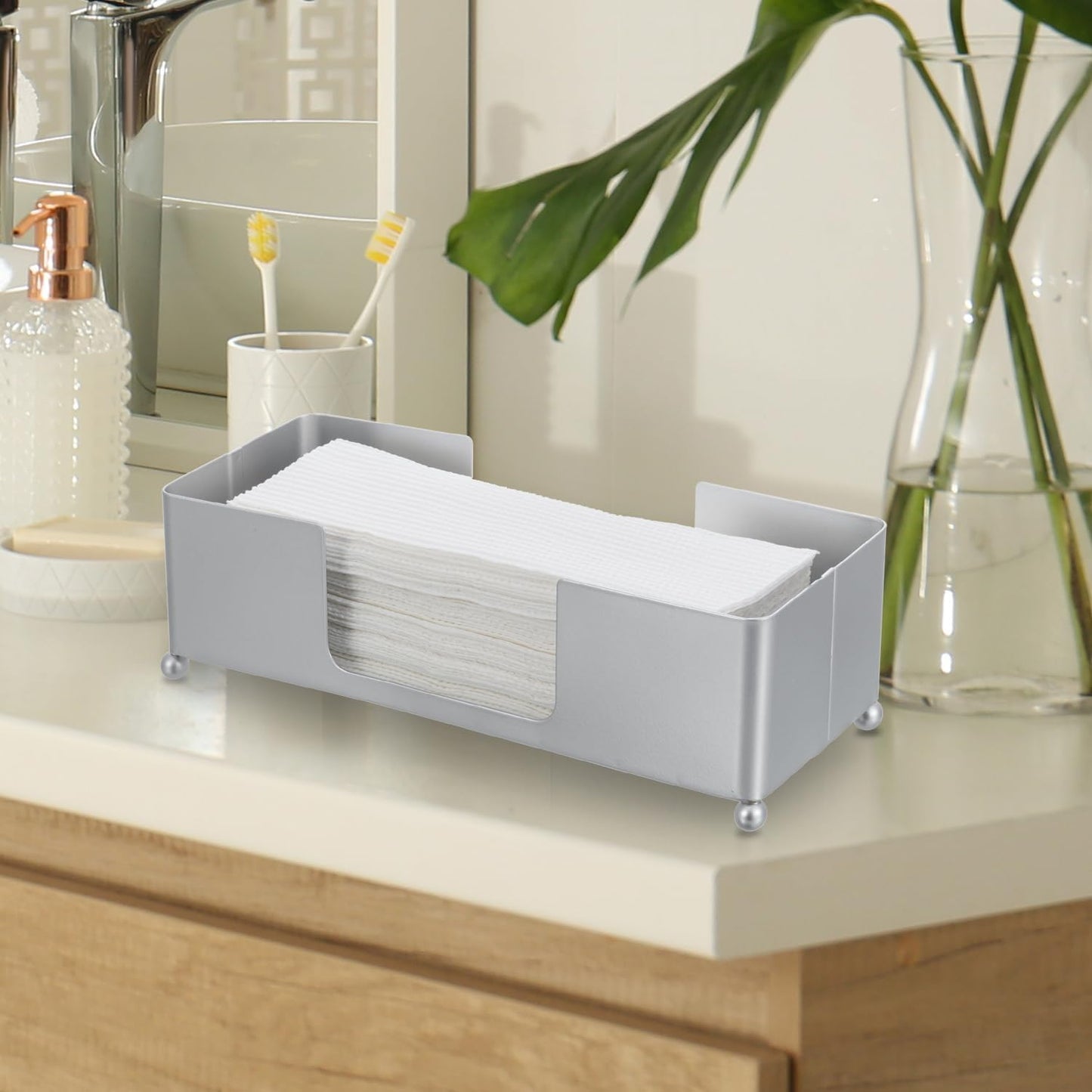 MyGift Paper Towel Holder, Modern Silver Tone Metal Tabletop Paper Dispenser, Commercial Folded Paper Tray for Guest Bathroom