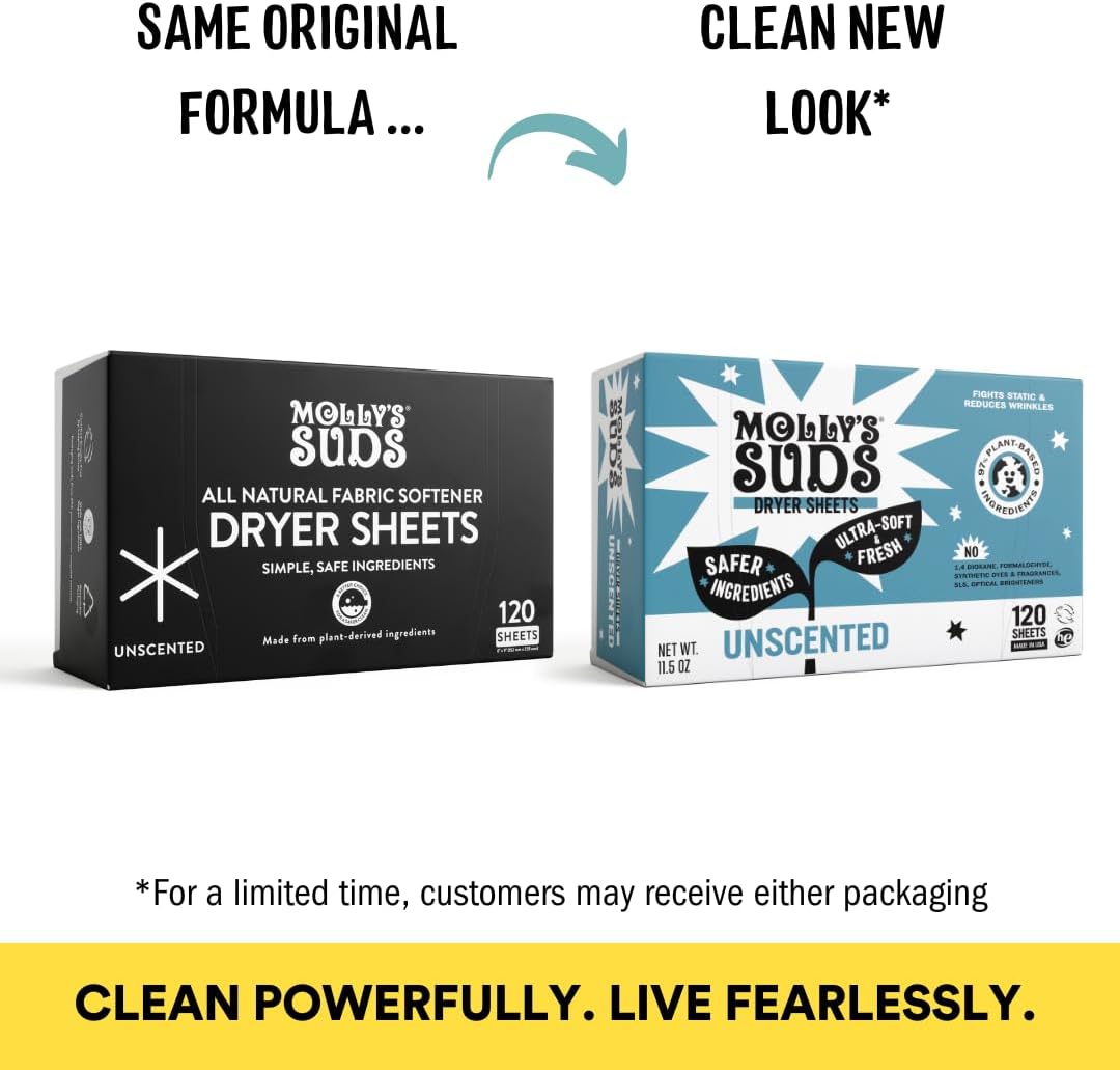 Molly's Suds Fabric Softener Dryer Sheets for Sensitive Skin | Plant-Based Static Reducer, Plastic-Free Packaging | Bundle of 2, Unscented (240 Sheets Total)