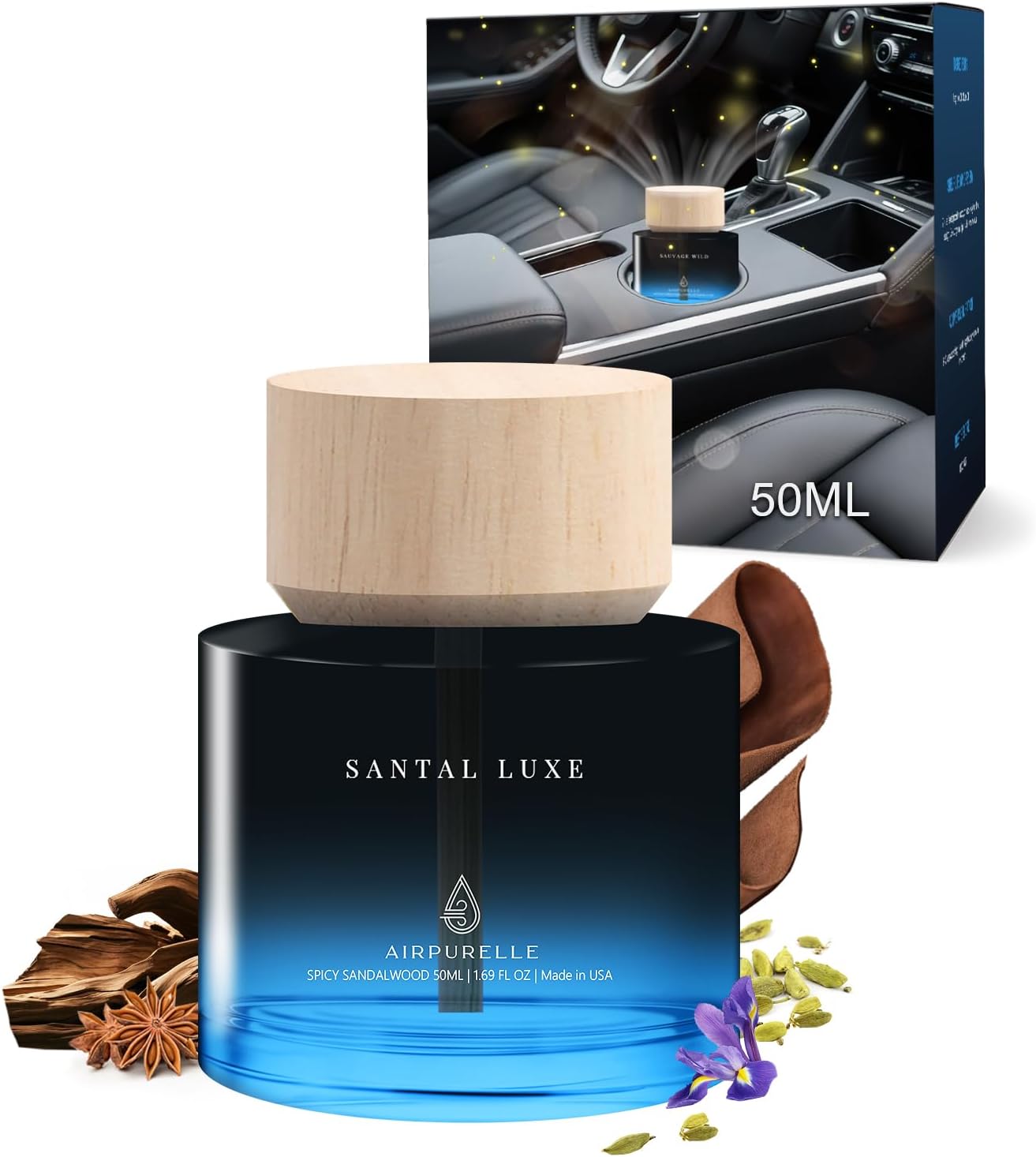 Car Air Freshener for Men & Women – Long-Lasting Spicy Sandalwood Essential Oil Diffuser for Car Cup Holder – 50ML (1.7 FL OZ) Car Scent Diffuser, Inspired by Perfume – Made in USA