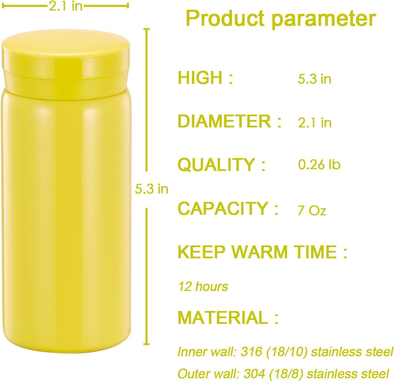Mini Thermos Cute Water Bottle - 7 oz Tiny Insulated Vacuum 18/10 Stainless Steel Small Flask - Leak Proof & Spill Proof & Keeps Cold and Hot for Drink, Coffee, Tea - Yellow