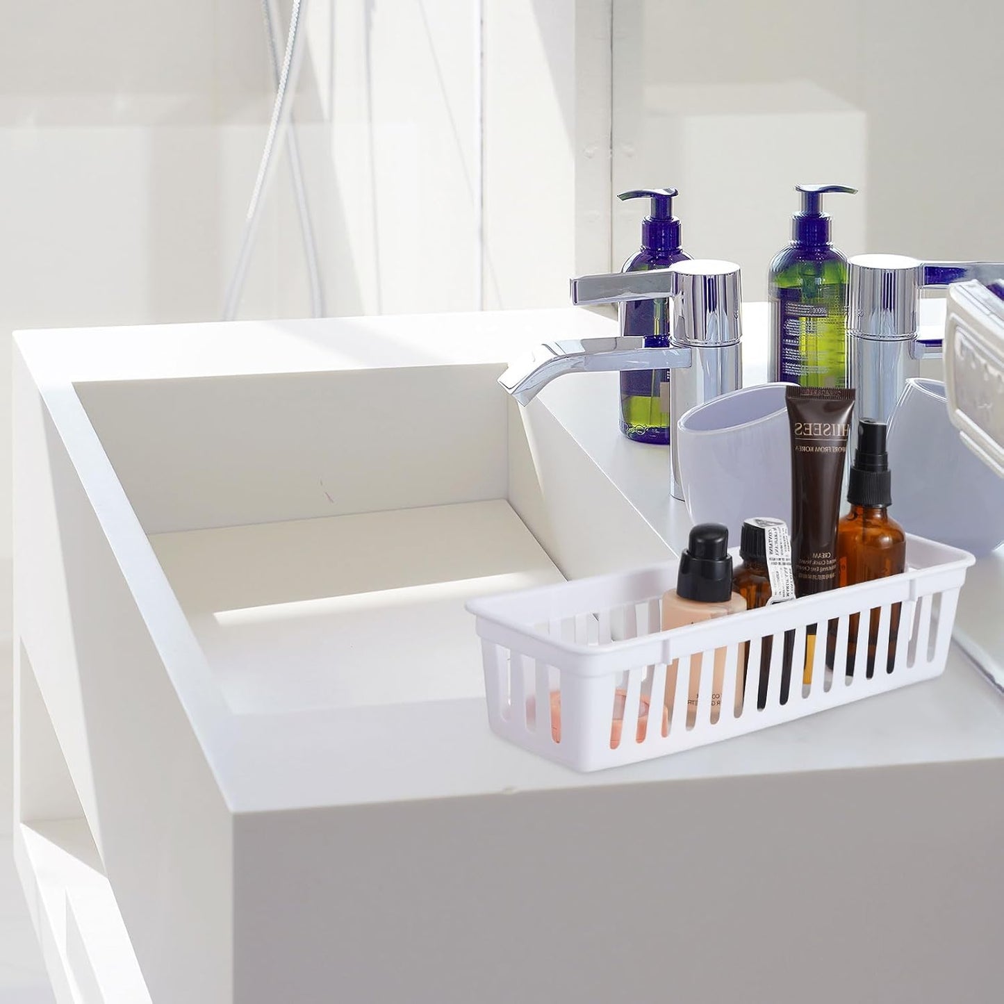 Domensi 12 Pack Slim Plastic Storage Baskets Tray for Organizing 10.25 x 3.25 x 2.5 Inch Small Narrow Storage Bins Stackable Drawer Pencil Trays Holder for Desk Garage Cabinet Containers(White)