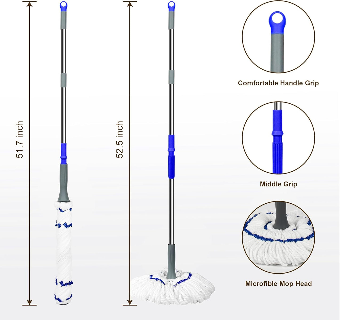 Self Wringing Floor Cleaner with 52.5 Inch Long Handle, Heavy Duty Wet Mop for Hardwood, Tile, Vinyl, Laminate Floors (White)