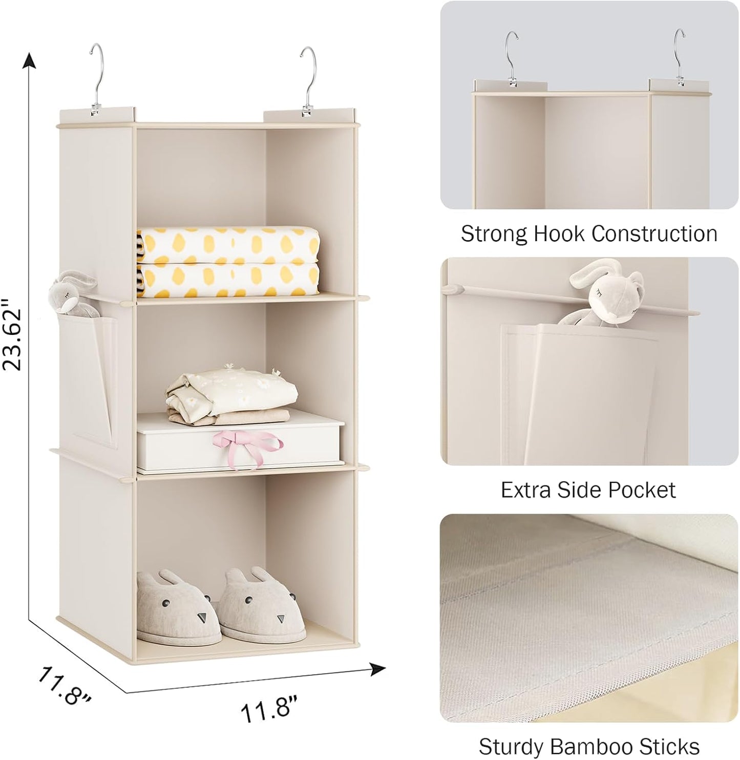YOUDENOVA Hanging Closet Organizer, 3-Shelf Closet Hanging Storage Shelves, Beige