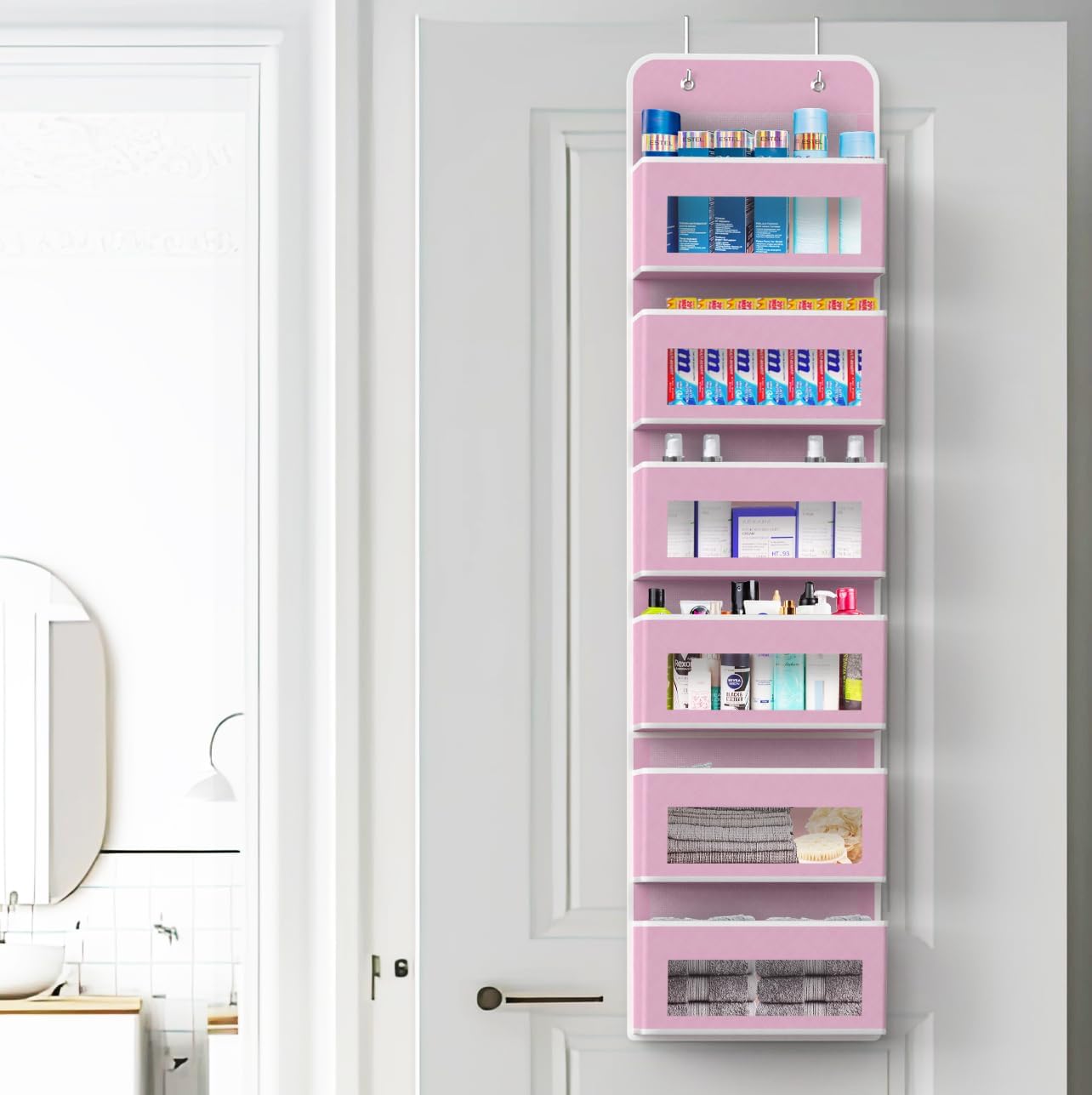 Simple Houseware 6 Clear Window Pocket Over Closet Door Storage Hanging Organizer for Bedroom, Bathroom, Pantry, Pink