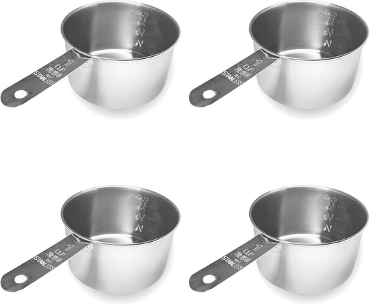 1 Cup Stainless Steel Measuring Cup | Sturdy Metal 250 ml | 240 cc | 8 oz | Single Cup for Wet and Dry Ingredients | Great for use as 1 Cup Dog Food Scoop - 4 PK