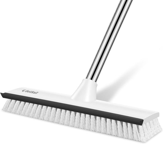 SetSail Upgraded Large 12 in Wide Floor Scrub Brush with 51-Inch Long Adjustable Handle 2 in 1 Scrape Brush Stiff Bristle Floor Scrubber for Cleaning Shower Bathroom Garage Kitchen Wall Deck Tub Tile