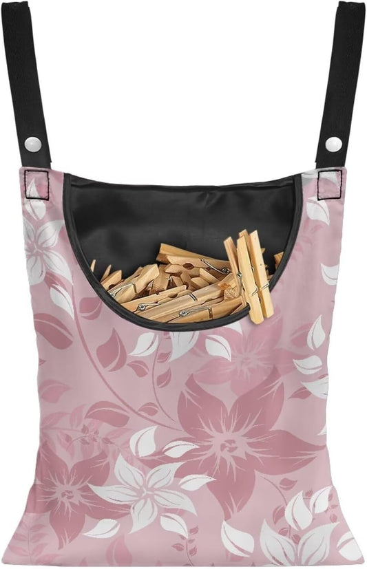 Reinforced Outdoor Clothespin Storage - Minimalist Pink Flower Print Windproof Hanging Bag with Large Opening - Weather Resistant Design for Year-Round Clothesline Use 14.5x12in