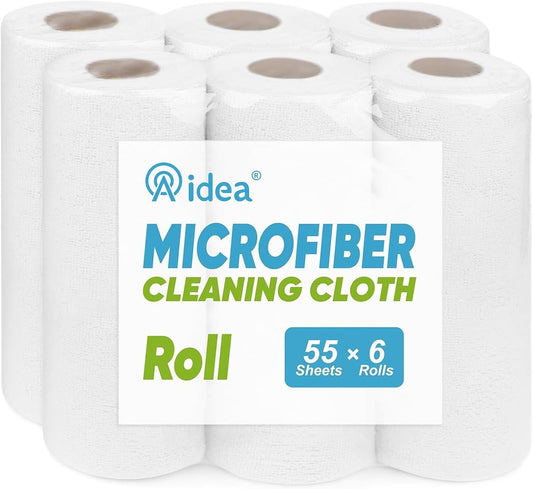 AIDEA Microfiber Cleaning Cloth White, Shop Rags 330 Sheets(6 Roll), Towels for Cars, Tear Away Reusable Paper Towels, Kitchen Towels Cleaning Rags for Automotive, Mechanic, Workshops, House, 11×9"