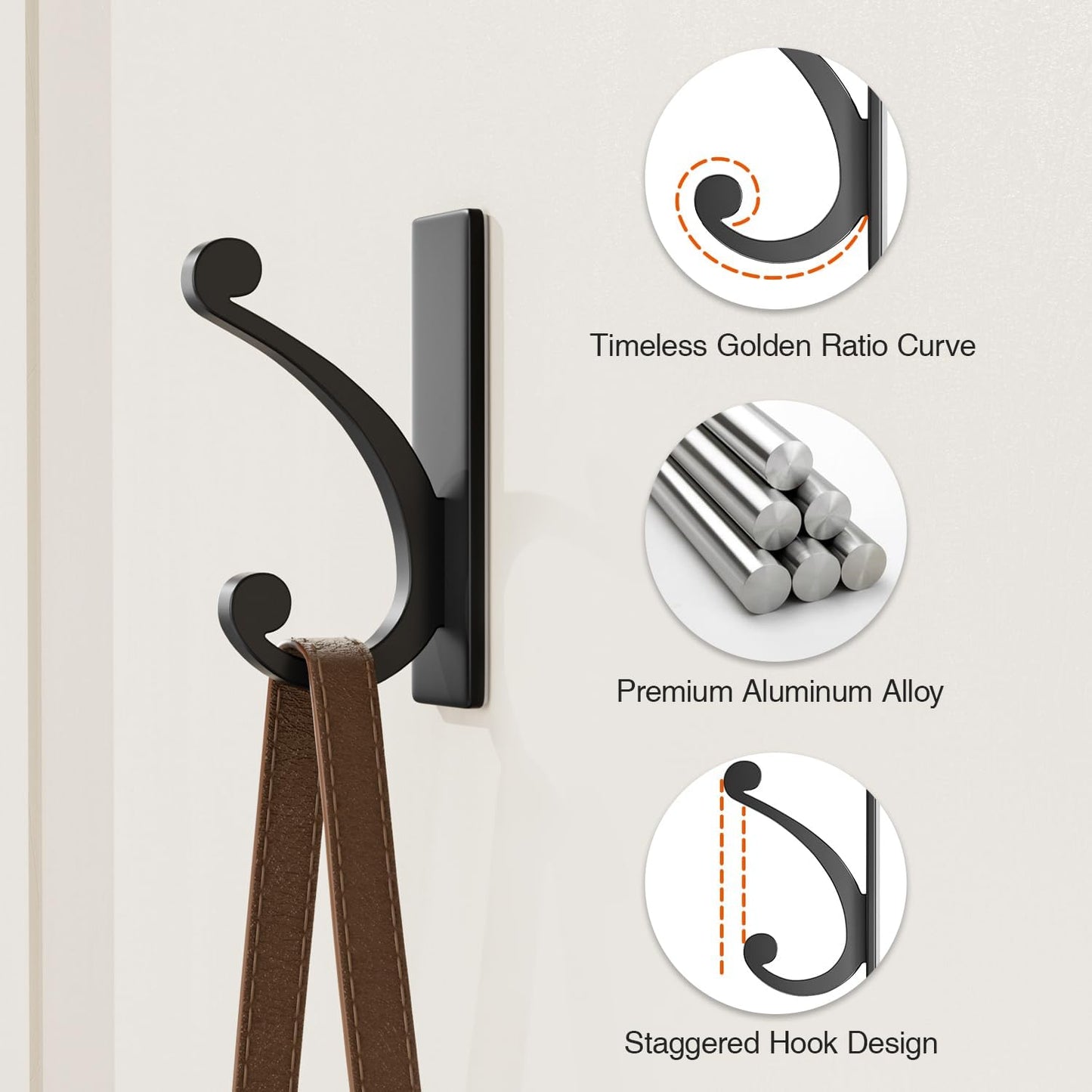 14-Pack Adhesive Wall Hook for Towel/Coat - Extra Sticky 10LB Stainless, Stick on Hanger for Bath or Shower, Matt Black